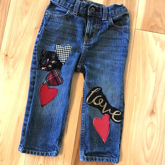 Toddler Patchwork Jeans OshKosh Size 12-18 Months: Handmade Heart & Love Patches - Picture 14 of 14